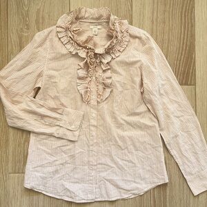 J. Crew Women’s Beige Striped Ruffle Button Down Shirt 100% Cotton Size 10